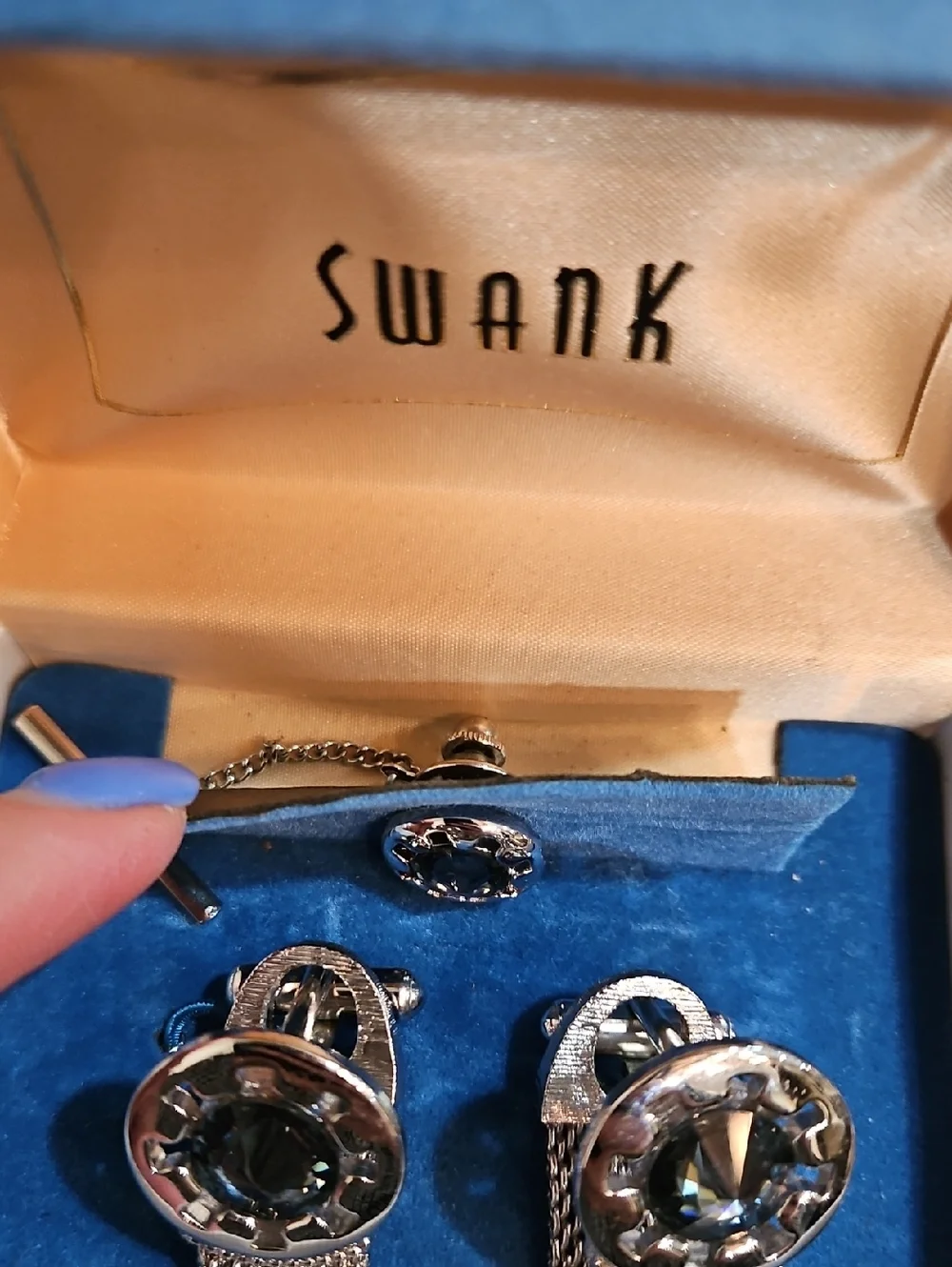 SWANK Silver Mesh‎ Blue Faceted Rivoli Glass Crysyal Cufflinks and Tie Tack Box